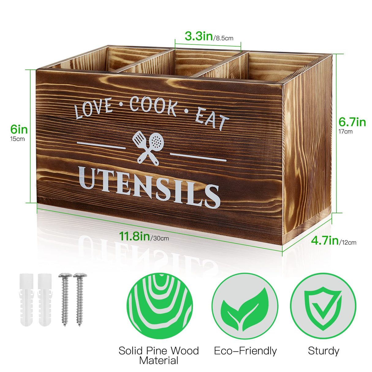 MINCORD Brown Utensil Holder Rustic Utensil Caddy Utensil Crocks with 3 Compartments for Kitchen Counter, Farmhouse Wood Flatware Utensil Organizer Storage Box for Silverware Fork Spoon Spatula MINCORD