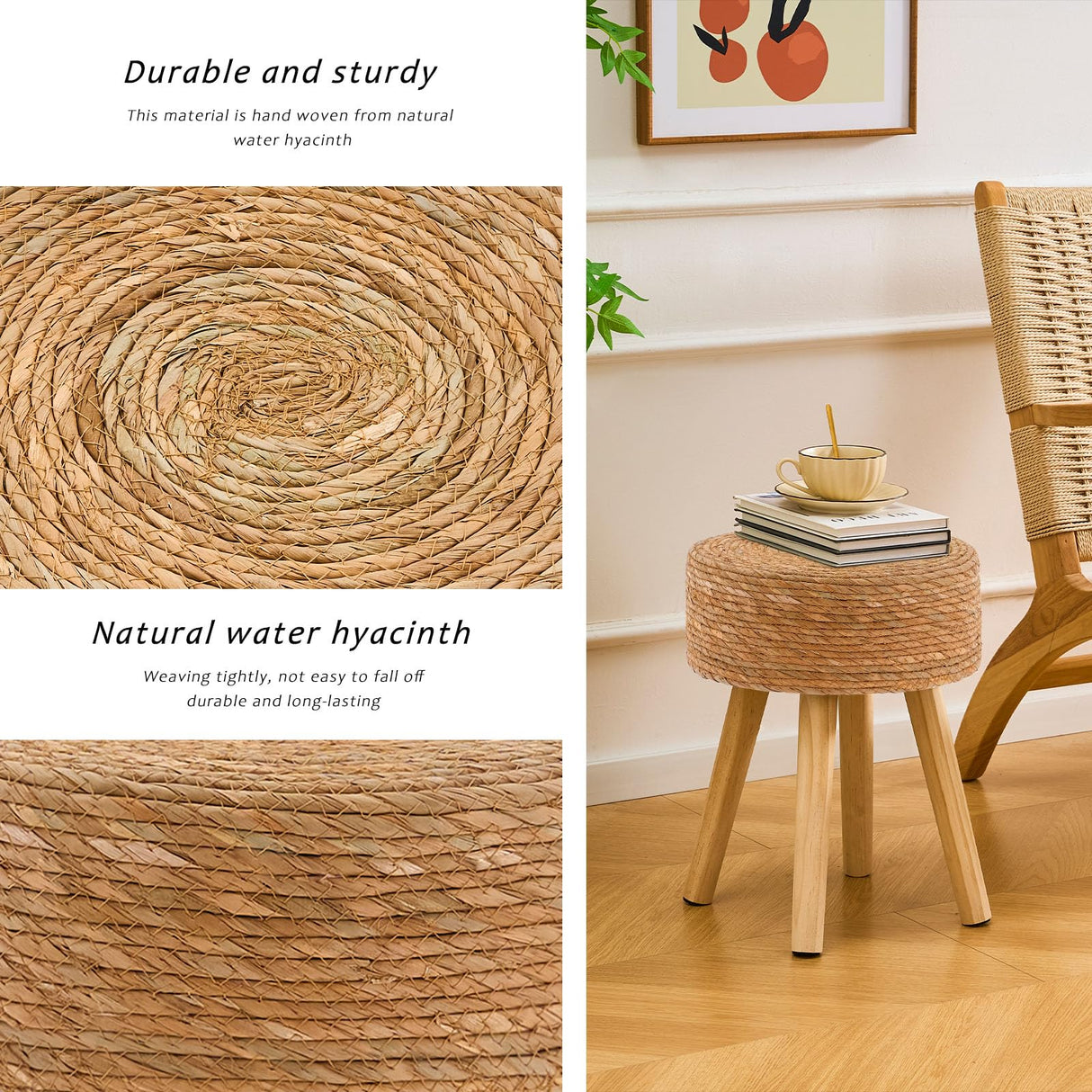 LGENHOOM Natural Handwoven Water Hyacinth Ottoman, Round Footstool with Solid Wood Legs, 17-Inch Multipurpose Vanity Stool, Dining Chair, or Patio Footrest for Balcony and Garden, Original LGENHOOM