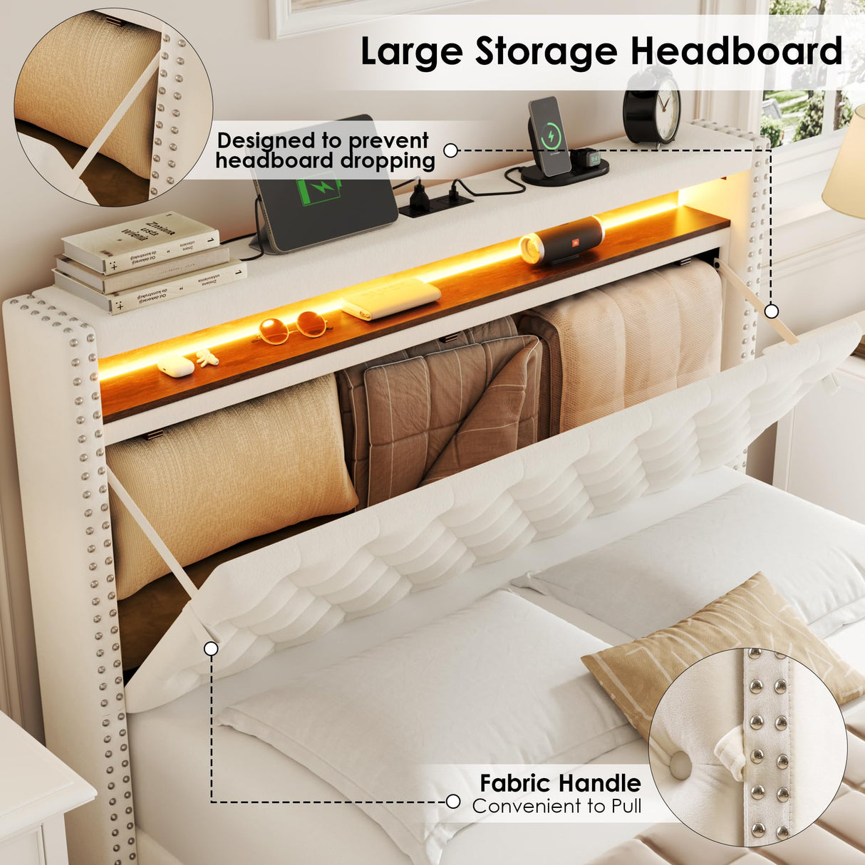 HIFIT Full Bed Frame with 2-Tier Storage Headboard & Hidden Storage, Velvet Upholstered Platform Bed Frame with 2 Drawers, Full Bed with Nailhead Headboard Built-in Charging Station & LED, Beige HIFIT