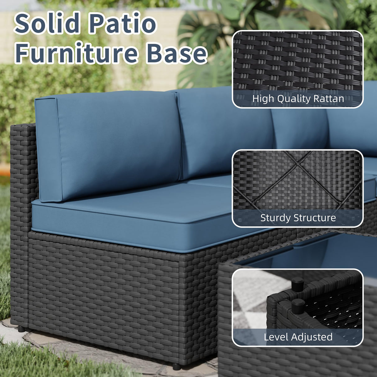 5 Piece Patio Furniture Sets, Low Back All-Weather Rattan Sectional Sofa with Tea Table&Washable Couch Cushions, Patio Furniture Sets, Black Rattan SUNLEI