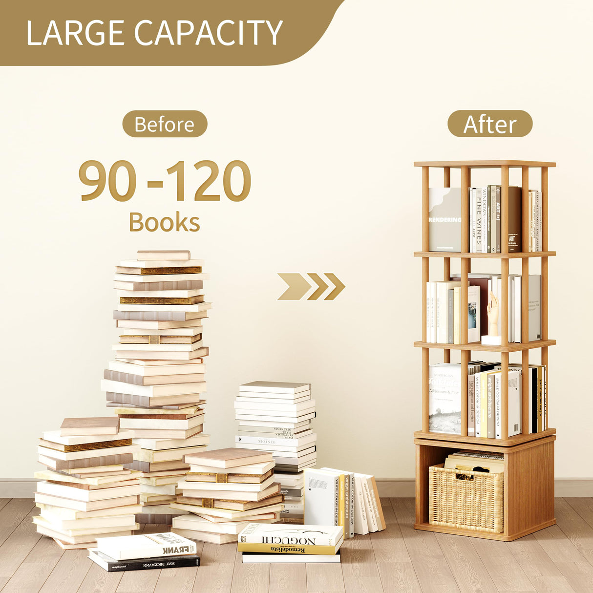 IOTXY 4-Tier Rotating Bookshelf Tower - Beech Wood Frame Spinning Bookcase with Storage Base, Tall Freestanding Revolving Shelf Organizer, Oak IOTXY