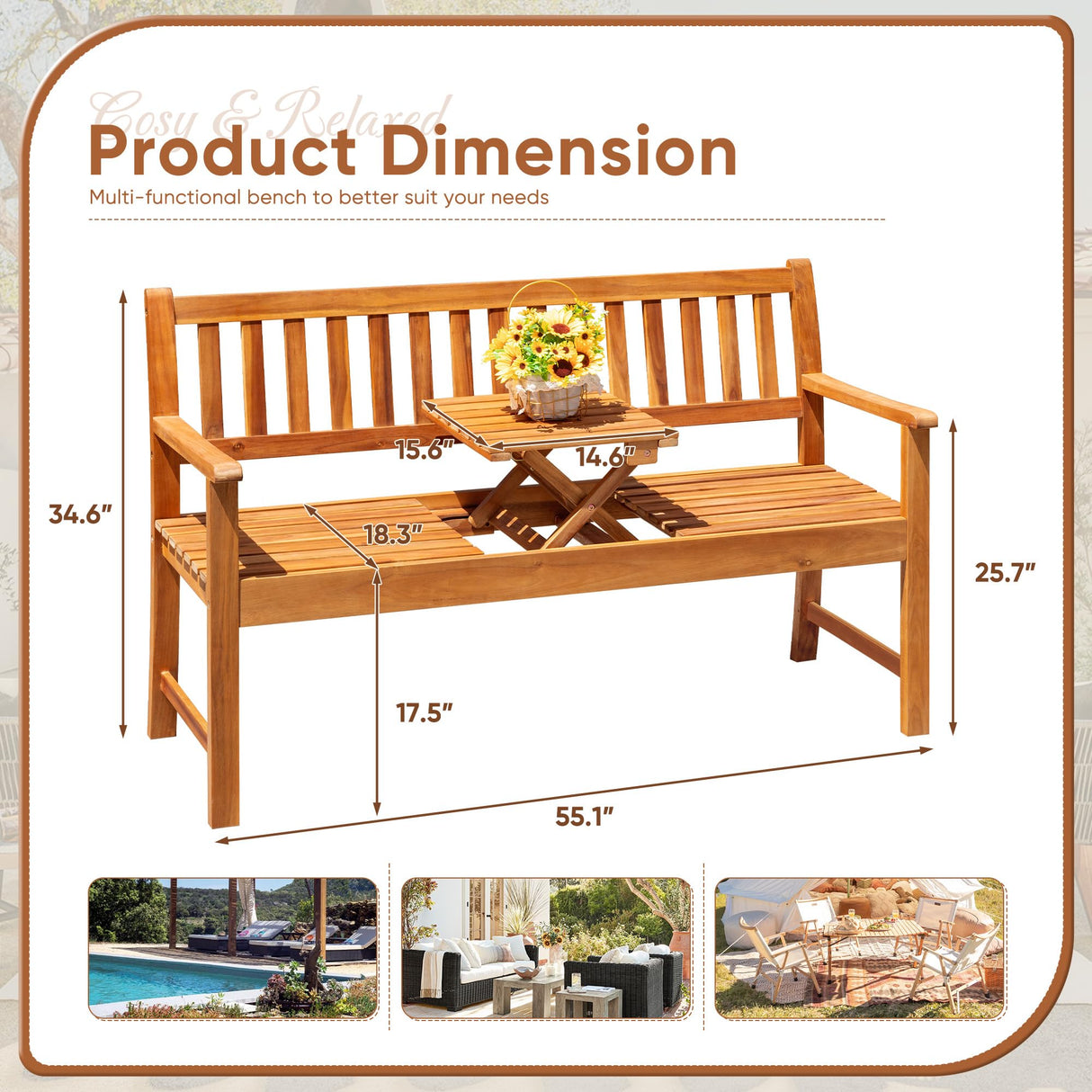 Devoko Outdoor Bench, 2-Person Garden Bench, Patio Wood Bench Outdoor Loveseat with Pull-Out Center Table for Backyard, Balcony and Patio and Garden (Log Color) Devoko
