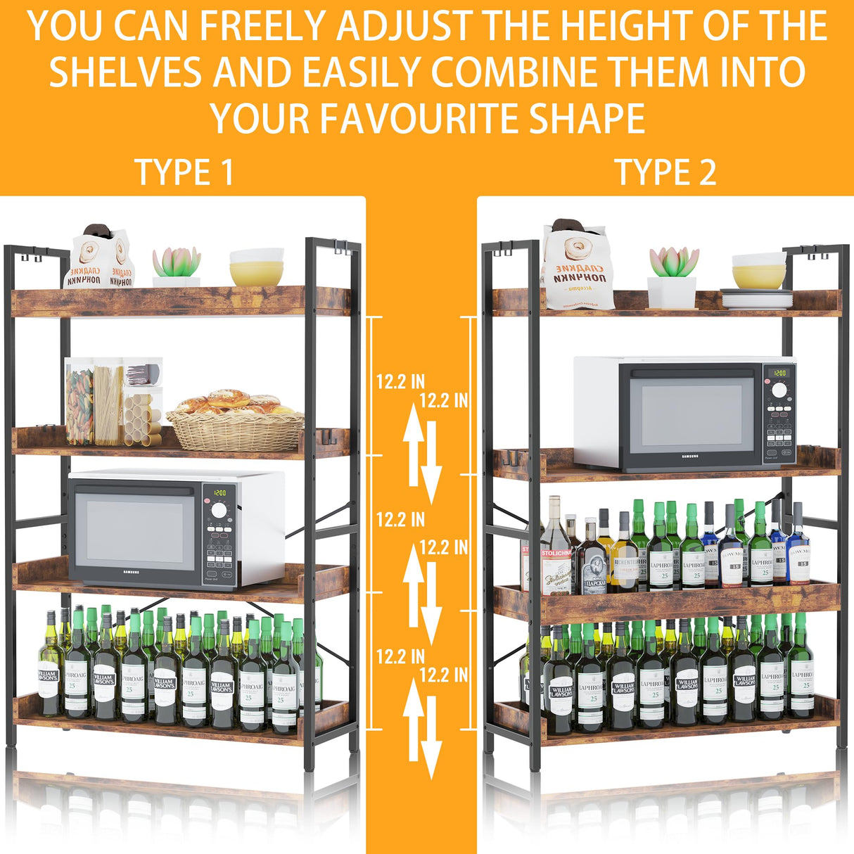 HCHQHS 4 Tier Bookshelf, Adjustable Industrial Bookcase, Vertical Tall Book Shelf, Wood and Black Metal Open Bookshelves for Home Office, Living Room, Bedroom HCHQHS