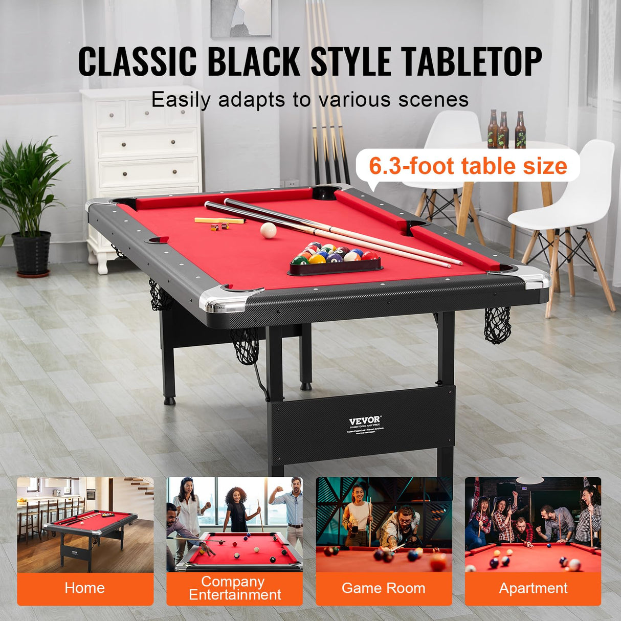 VEVOR Billiards Table, 6.3 ft Pool Table, Portable Foldable Space-Saving Table, Billiard Table Set includes Balls, Cues, Chalks and Brush, Black with Red Cloth, Perfect for Family Game Room Kid Adult VEVOR