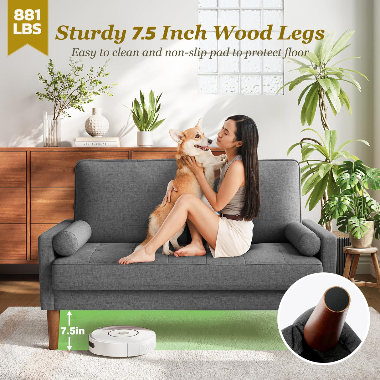 Loveseat Sofa with Solid Wood Legs, 48" Small Couches for Small Spaces, Love Seat for Living Room, Bedroom, Easy Assembly Mid Century Modern Couch with Throw Pillow for Apartment, Grey Vesgantti