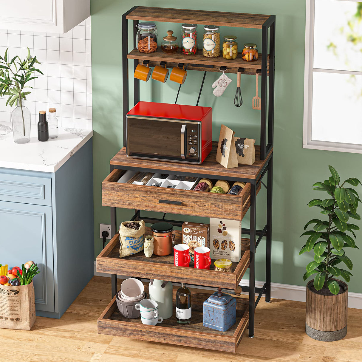 Tribesigns Rustic Brown 5-Tier Kitchen Bakers Rack with Power Outlets and Drawers Tribesigns