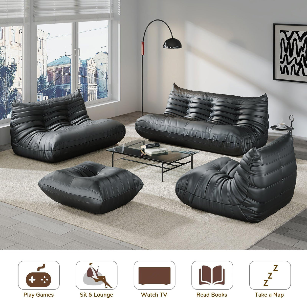 Comfy Lazy Floor Sofa Couch,Bean Bag Chairs,Soft Armless Fireside Chair,Faux Leather Lounge Chair,Corner Relax Couch for Living Room Bedroom,Salon Office,Adults(Black+3 Seat Generic