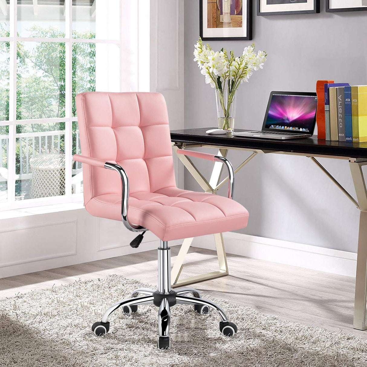 Yaheetech Desk Chairs with Wheels/Armrests Modern PU Leather Office Chair Height Adjustable Home Computer Executive Chair on Wheels 360° Swivel - Pink Yaheetech
