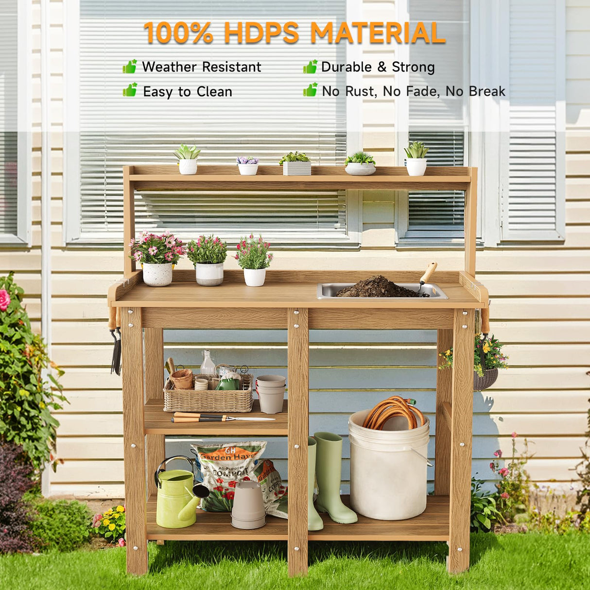 ONBRILL Potting Bench, Outdoor Potting Bench Table with Removable Sink, HDPS Potting Benches for Outside, Garden Table with Storage Shelves & 4 Side Hooks, No Rot, No Fade, No Break, 360lbs Capacity ONBRILL