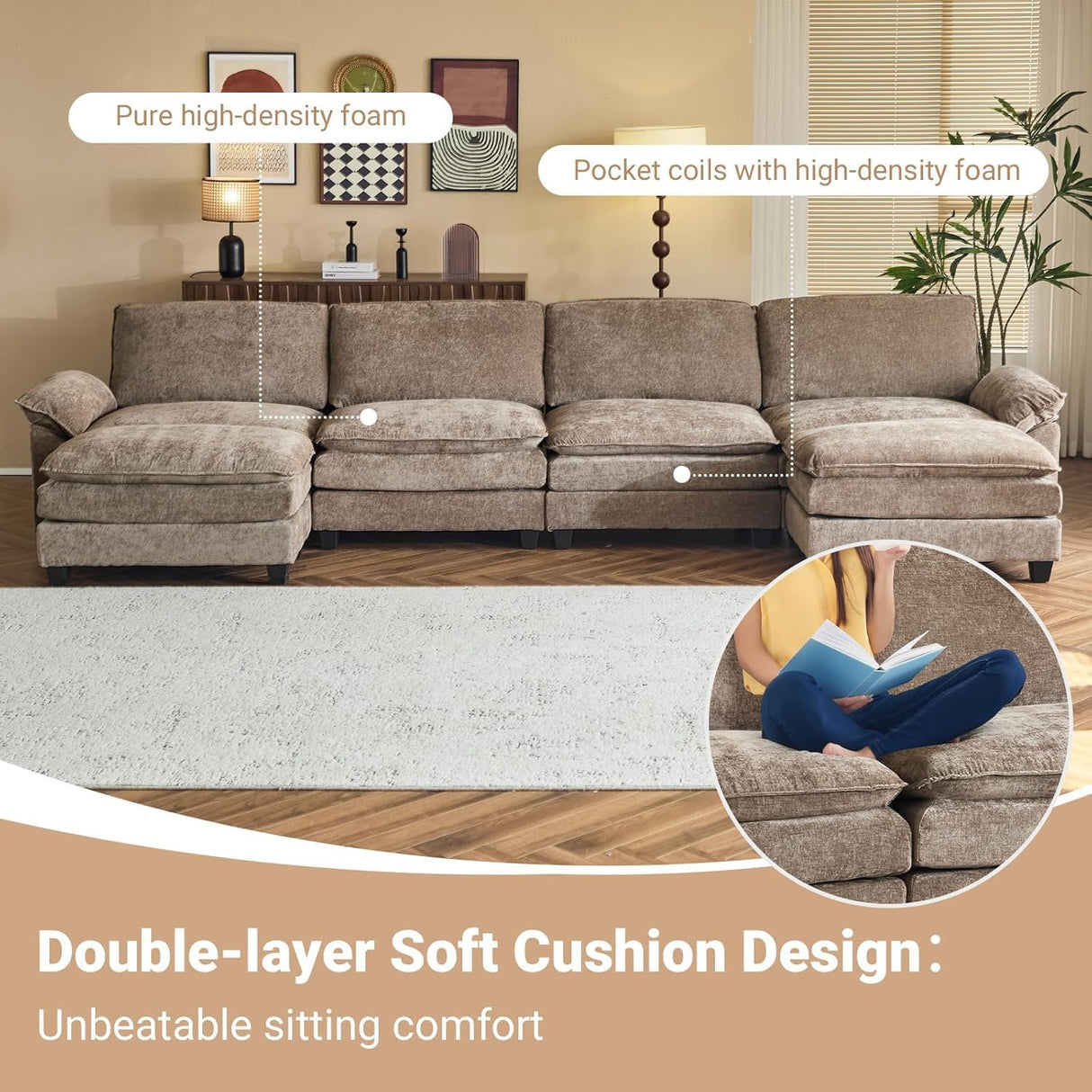 VINGLI 157" Convertible Modular Sectional Sofa with Deep Seat & 2 Movable 2-Layer Ottomans, U-Shape Cloud Sofa with Chaise, Oversized 4-Seater Armrest Couch for Living Room, Chenille, Light-Brown VINGLI