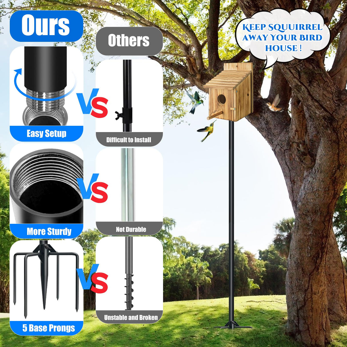 QwayHome Upgrade 80In Smart Bird Feeder Pole, Outdoor Bird House Poles Mount Kit for Bird Buddy Feeder & Wooden Bird House, Adjustable Heavy-Duty Birdhouse Pole Stand Post Set with 5-Prong Base QwayHome