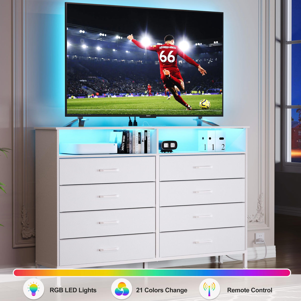 Dresser for Bedroom White Bedroom Dresser with LED Lights and Charging Station, 8 Long Fabric Drawers Dresser, Tall Wide Chest of Drawers Storage Organizer TV Stand for up to 60" TV for Living Room SOOWERY