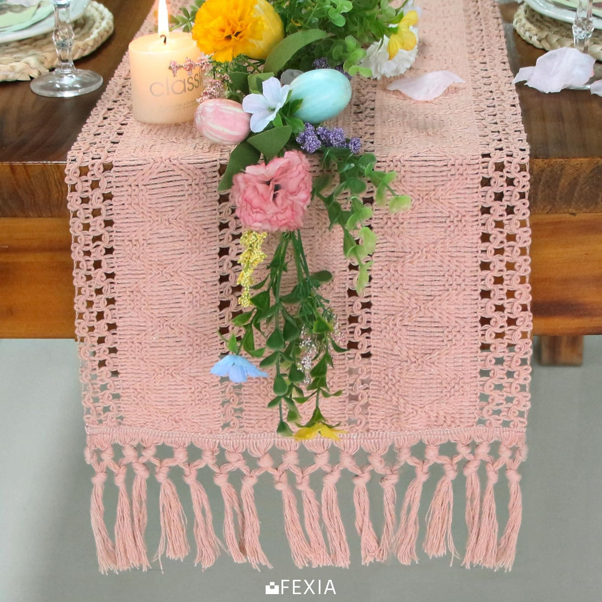FEXIA Pink Table Runner 72 Inches Long Boho Macrame Table Runner for Summer Pink Room Decor Farmhouse Table Runner with Tassels for Dining Bedroom Decor Rustic Bridal Shower (12x72 Inches) FEXIA