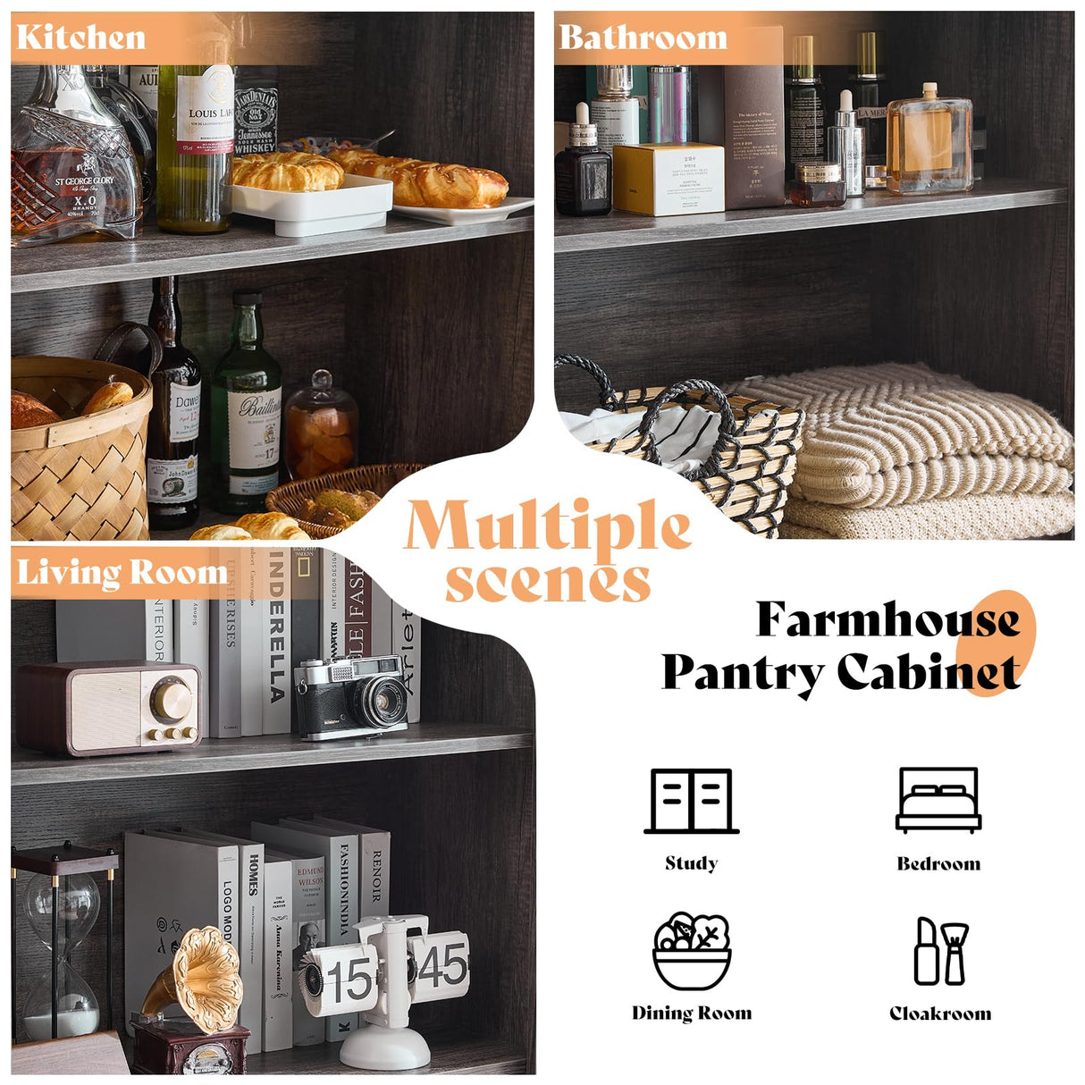 AMERLIFE 72" Tall Kitchen Pantry Storage Cabinet, Farmhouse Food Pantry Cabinet for Kitchen, Living Room, Dining Room, Adjustable Shelves and Drawer, Rustic Grey AMERLIFE