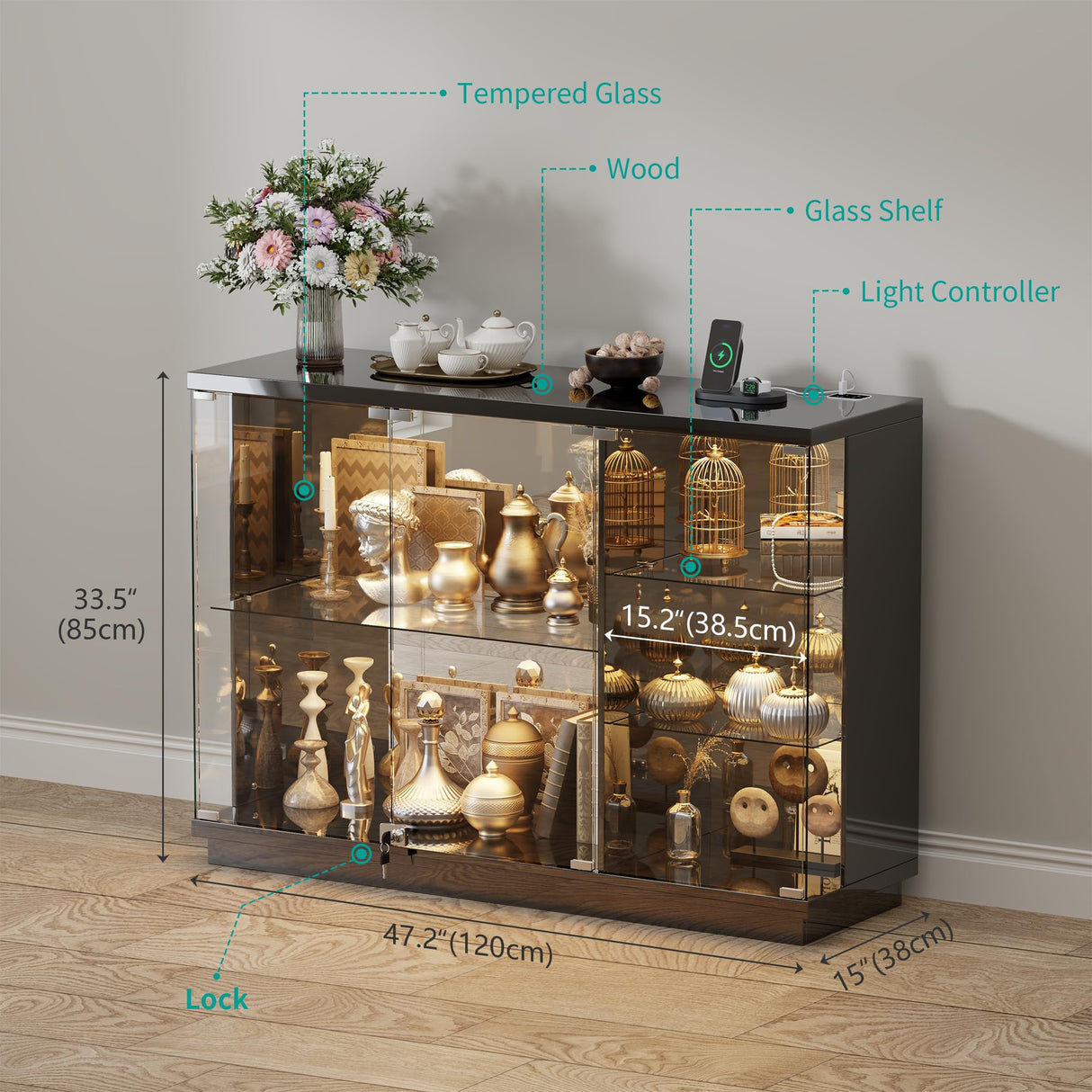 HNEBC Lockable Display Curio Cabinet with Glass Door,47.2" W Glass Display Cabinet with 3 Color Lights for Collectibles,5-Tier Lighted Display Case with Human Sensor,Living Room,Black HNEBC