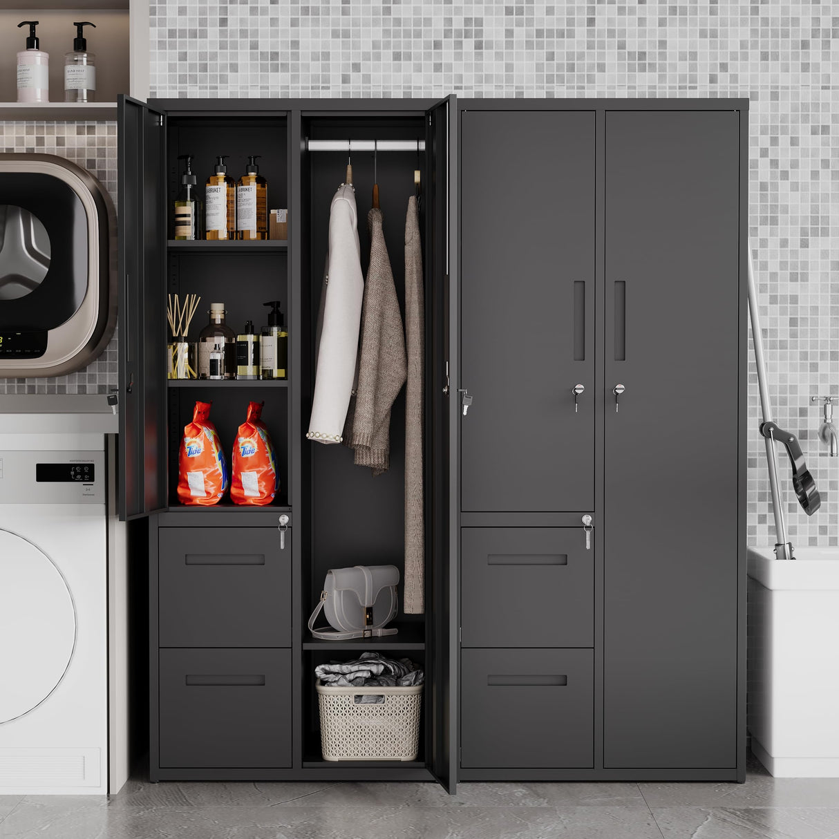 Anxxsu Metal Storage Cabinets Locker, 67" Locker with Clothes Rod, Lockable Freestanding Wardrobe for Office, Home, School, Laundry Room, Gym (Black) Anxxsu