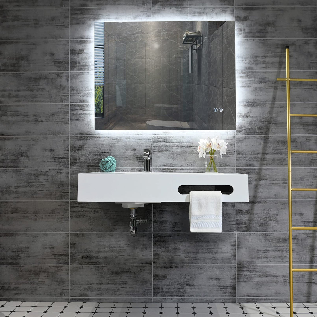 GESIPOR 36"x19" Wall Mount Bathroom Vanity with Sink Stone Resin Floating Vanity Sink Rectangular Vessel Sinks for Bathroom White Trough (Mirror Not Included) GESIPOR