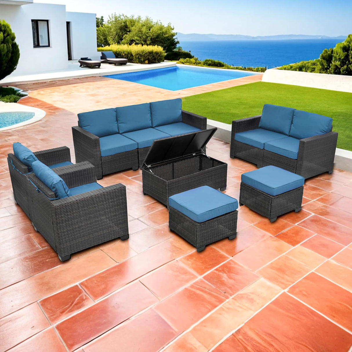 HiDSLiving 10 Pieces Patio Furniture Sets Outdoor,Manual Weaving Wicker Rattan Sectional Sofa Patio Conversation Sets with Cushions & Coffee Table with Hidden Storage for Outside, Balcony, Porch HiDSLiving