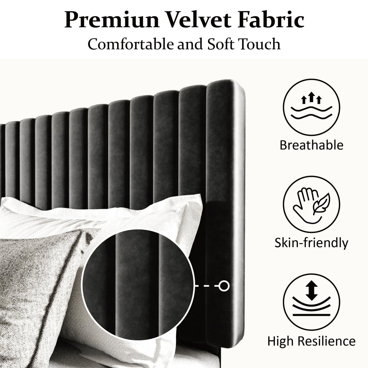 Sismplly King Size Bed Frame with Velvet Upholstered Headboard, Platform Bed with Strong Wood Slats, Mattress Foundation, Box Spring Optional, Easy Assembly, Black Sismplly