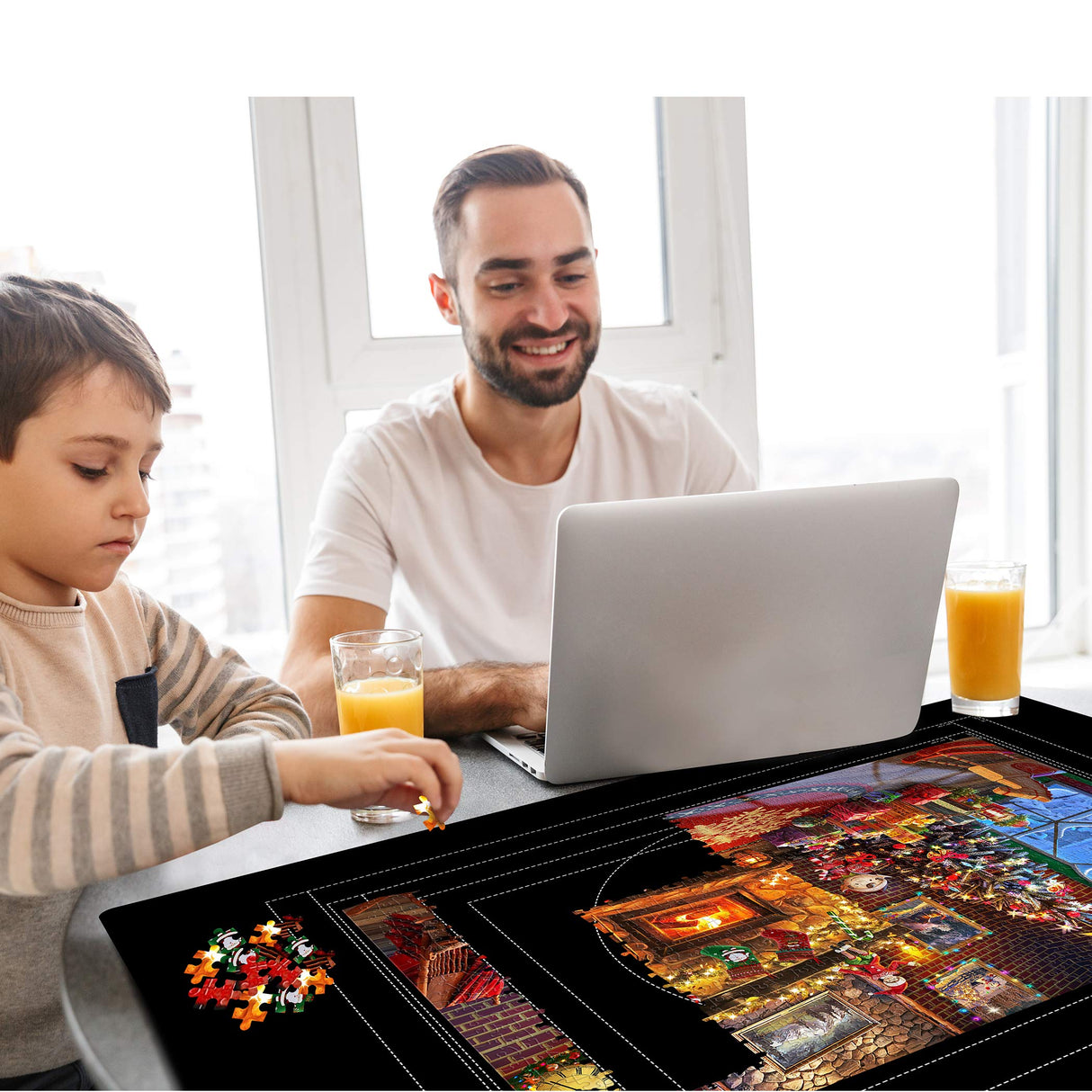 LAVIEVERT Jigsaw Puzzle Mat Roll Up, Double-Sided Neoprene Puzzle Roll Mat, Portable Puzzle Board Keeper Saver with Auxiliary Line & Storage Bag for Up to 1500 Pieces - Black & Khaki LAVIEVERT