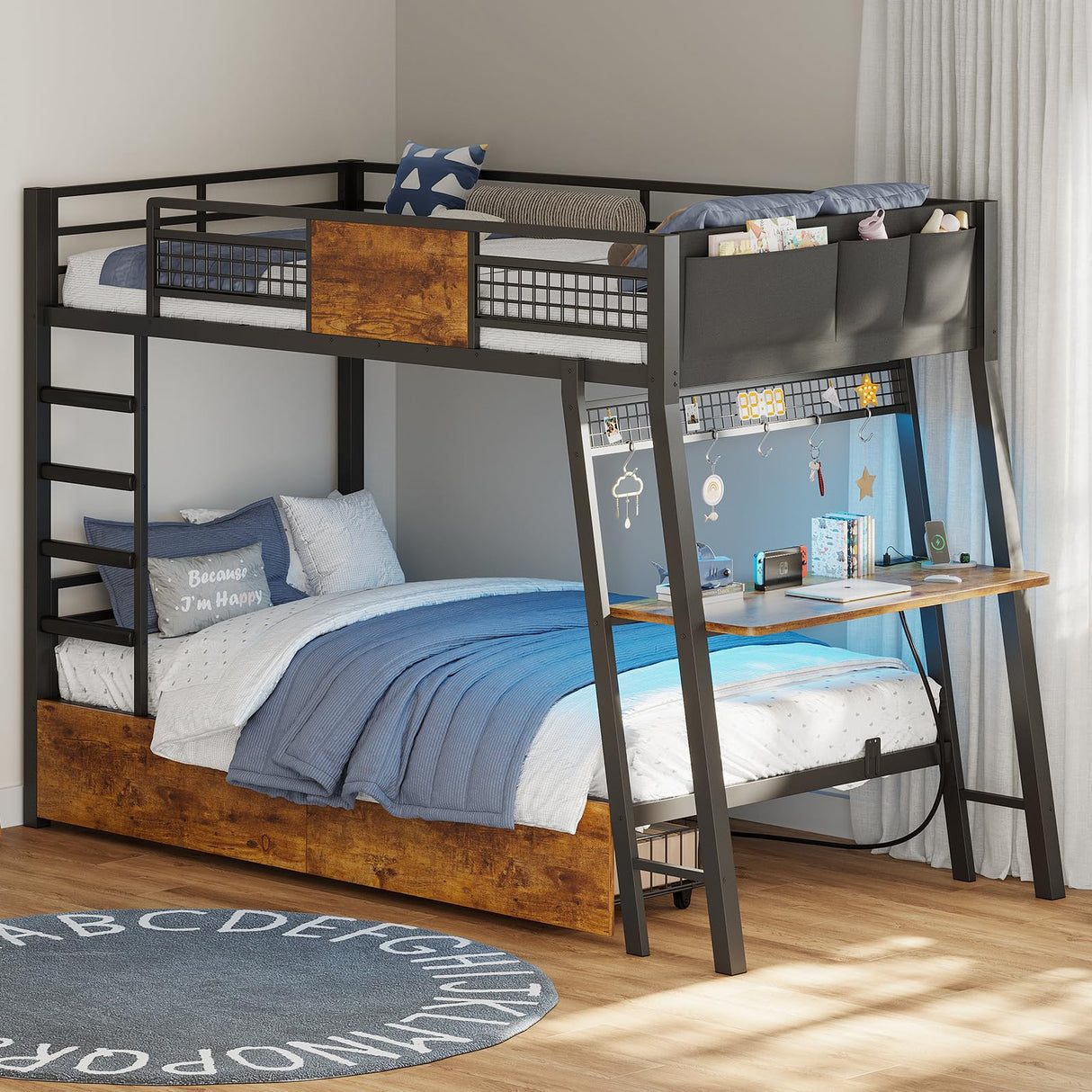 HAUOMS Bunk Bed with Desk, Twin Over Twin Metal Bunk Beds with Power Outlets, RGB LED Lights, 2 Larger Storage Drawers, Bed with Safety Guardrail & Ladders, No Box Spring Needed, Rustic Brown HAUOMS