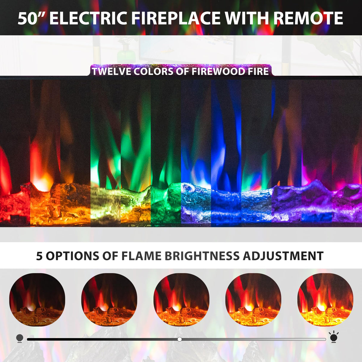 Fireplace TV Stand, Wood Texture 50" Electric Fireplace with Highlight Storage Cabinet, LED Light Entertainment Center, for TVs Up to 65"(WHITE) COCO DESIGN