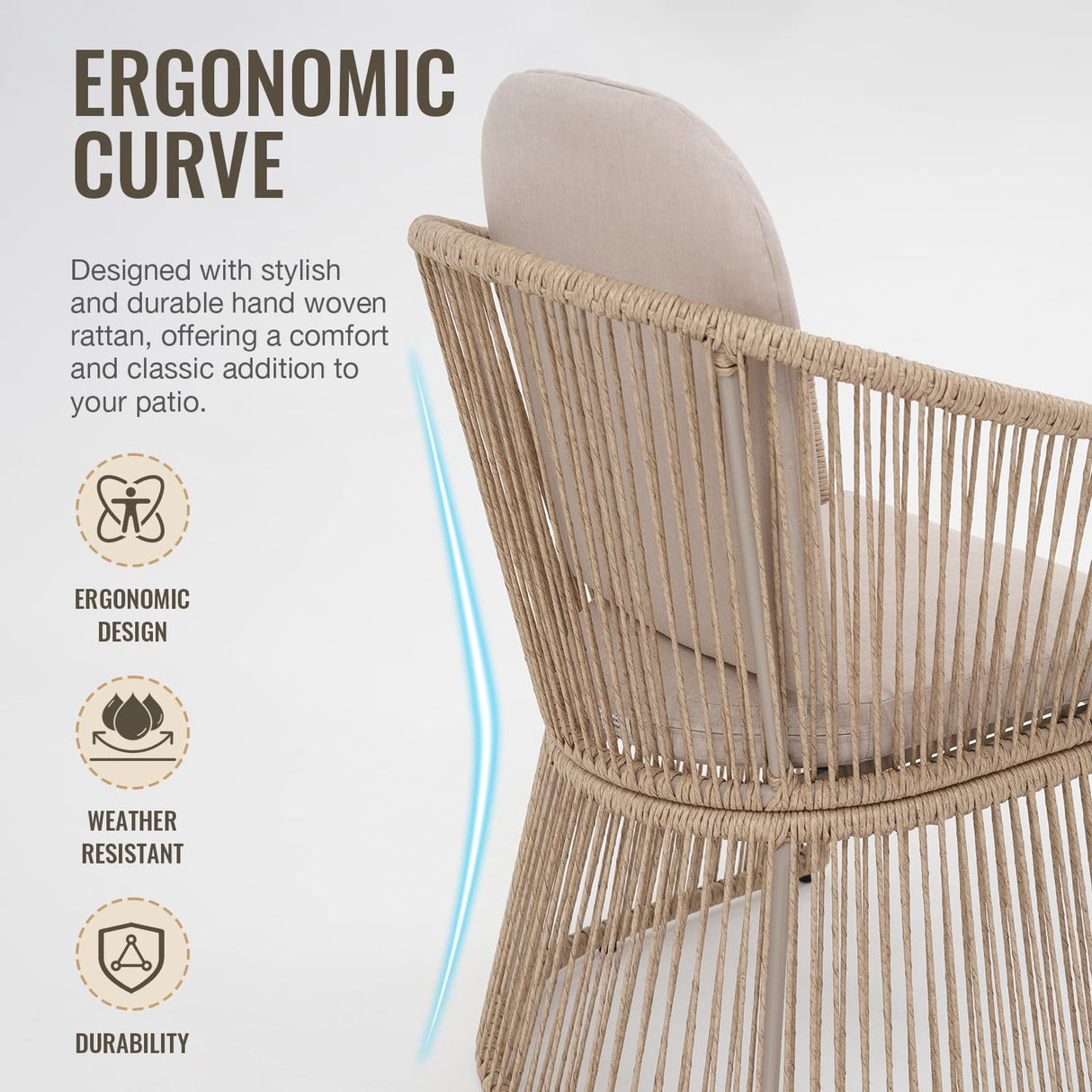 SUNSITT Patio Chairs Set of 4, Woven Wicker Outdoor Dining Chair w/Weather-Resistant Cushions, Modern Bistro Chairs Set of 4 w/Curved Armrest Beige for Garden Balcony Backyard SUNSITT