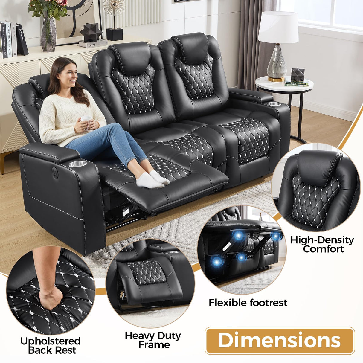 ANJ Reclining Loveseat,Power Recliner Sofa with USB Ports and Cup Holders - Overstuffed Electric Living Room Seating PU Leather Double Recliner with Hidden Arm Storage, Easy to Clean (Black) ANJ