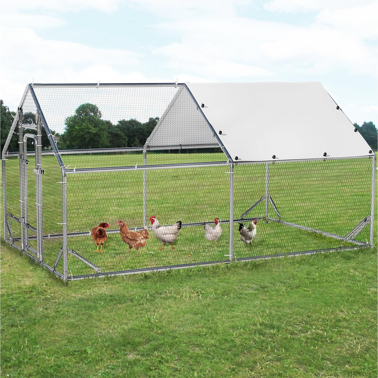 LEMBERI Metal Chicken Runs for Yard, Spire-roof Large Walk in Chicken coop cage for Outside,Galvanized Rabbits Duck Run and coops,Chicken Pen with Waterproof Cover for Outdoor,Backyard and Farm LEMBERI