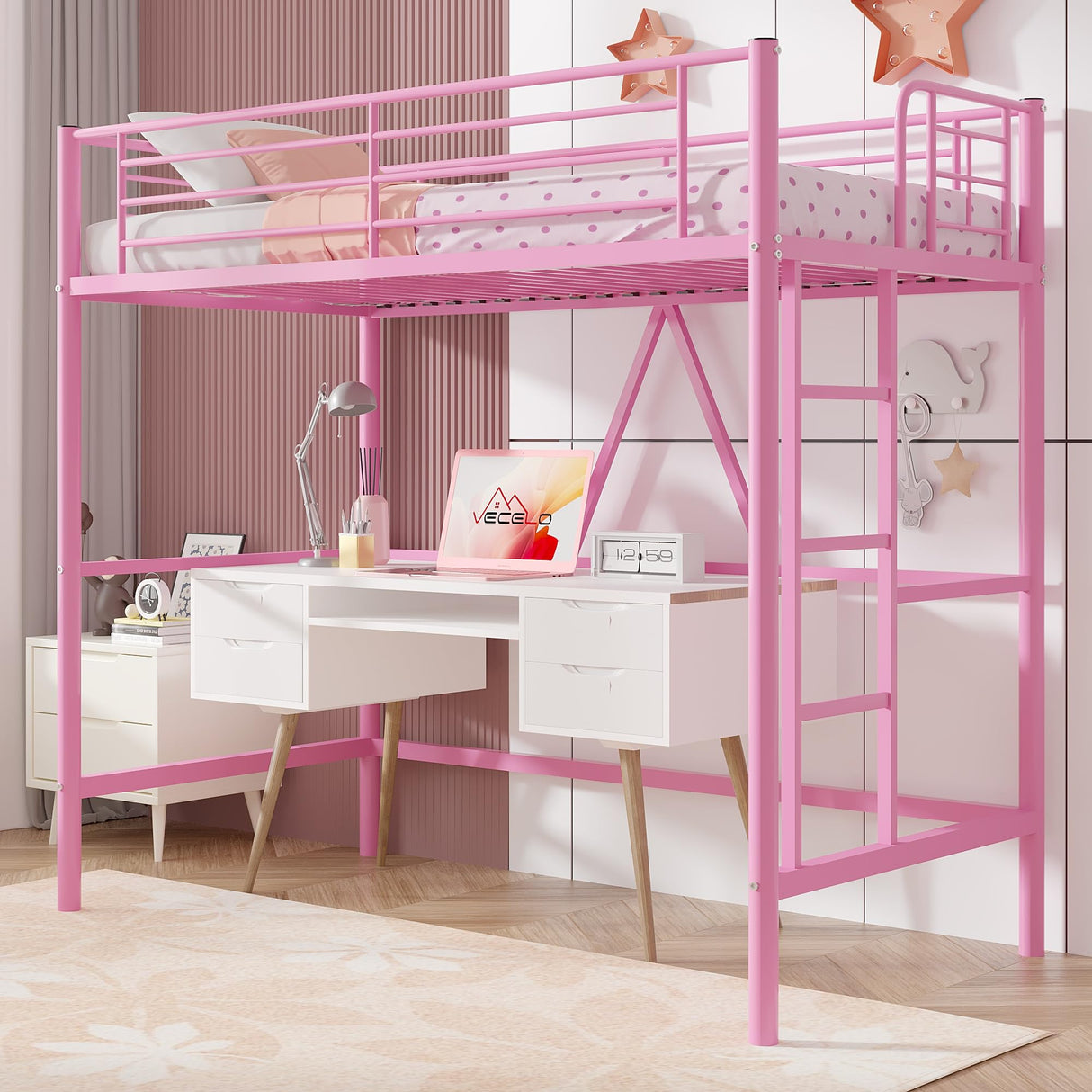 VECELO Loft Bed Twin Size, Metal Bedframe with Removable Ladder and Safety Guardrail, No Box Spring Needed, Space Saving, Noise Free, Pink VECELO