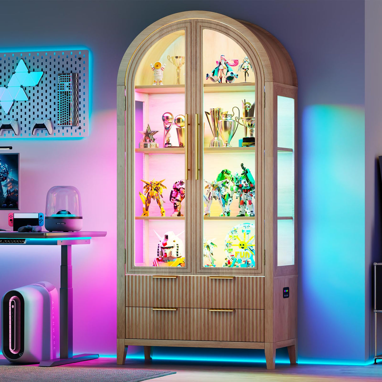 Vlsrka 71" Arched RGB Curio Cabinet with Glass Doors, 4-Shelves Tall Display Cabinet and 2 Drawers, LED Display Case with 20 Lights for Collectibles/Book/Medal/Figure, Wood Color Vlsrka