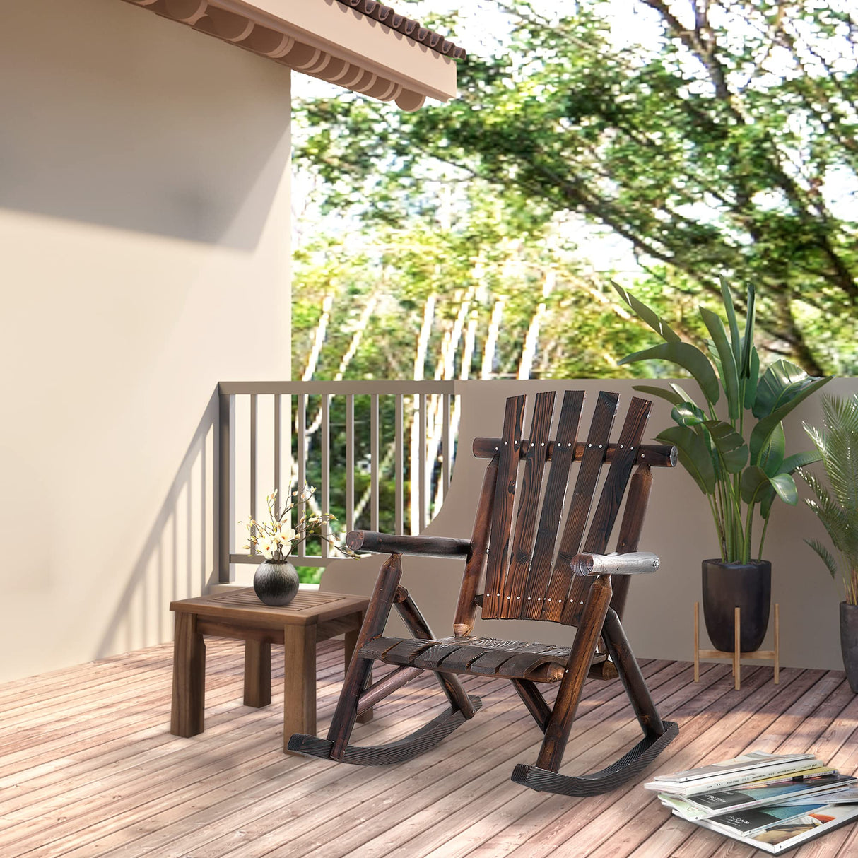 Outsunny Outdoor Wooden Rocking Chair, Single-Person Rustic Adirondack Rocker with Slatted Seat, High Backrest, Armrests for Patio, Garden and Porch, Brown Outsunny