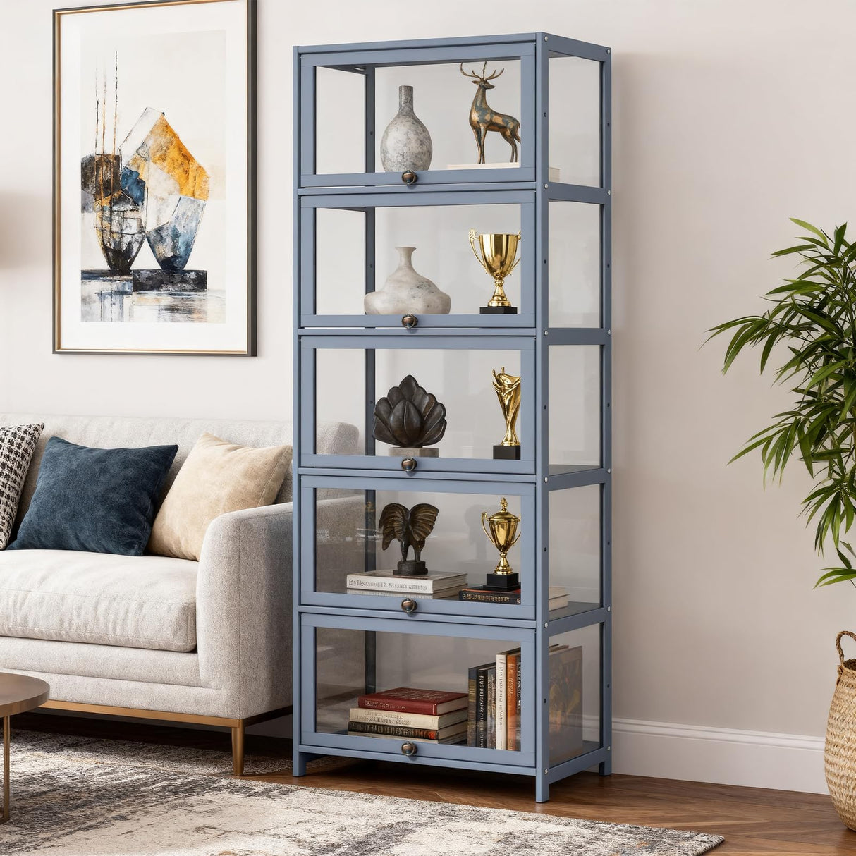 Magshion Display Cabinet, 5-Tier Corner Shelf with Acrylic Doors, 67.5" Tall Curio Display Case, Showcase, Storage Shelf, for Living Room, Bedroom, Playroom, White, 12.5" D x 23" W x 67.5" H Magshion