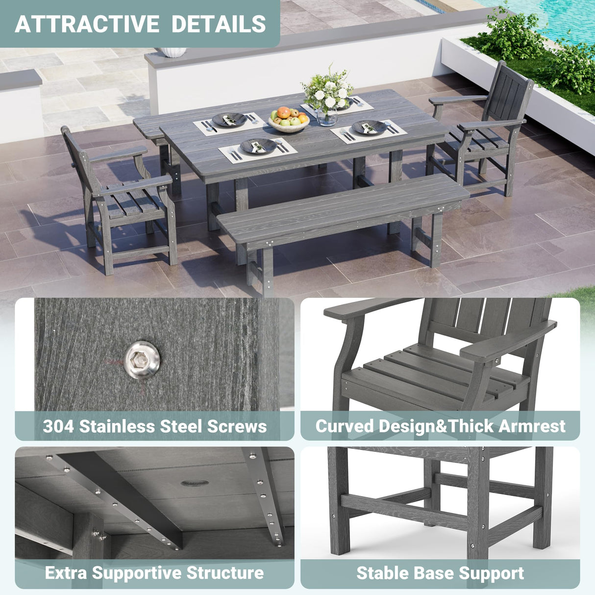 Pamapic 5 PCS Outdoor Dining Set, Spacious HDPE Outdoor Table with 2 Chairs and 2 Bench, Wood Grain Patio Furniture Sets with Elegant Armrest, All-Weather Patio Dining Table with Umbrella Hole, Gray Pamapic
