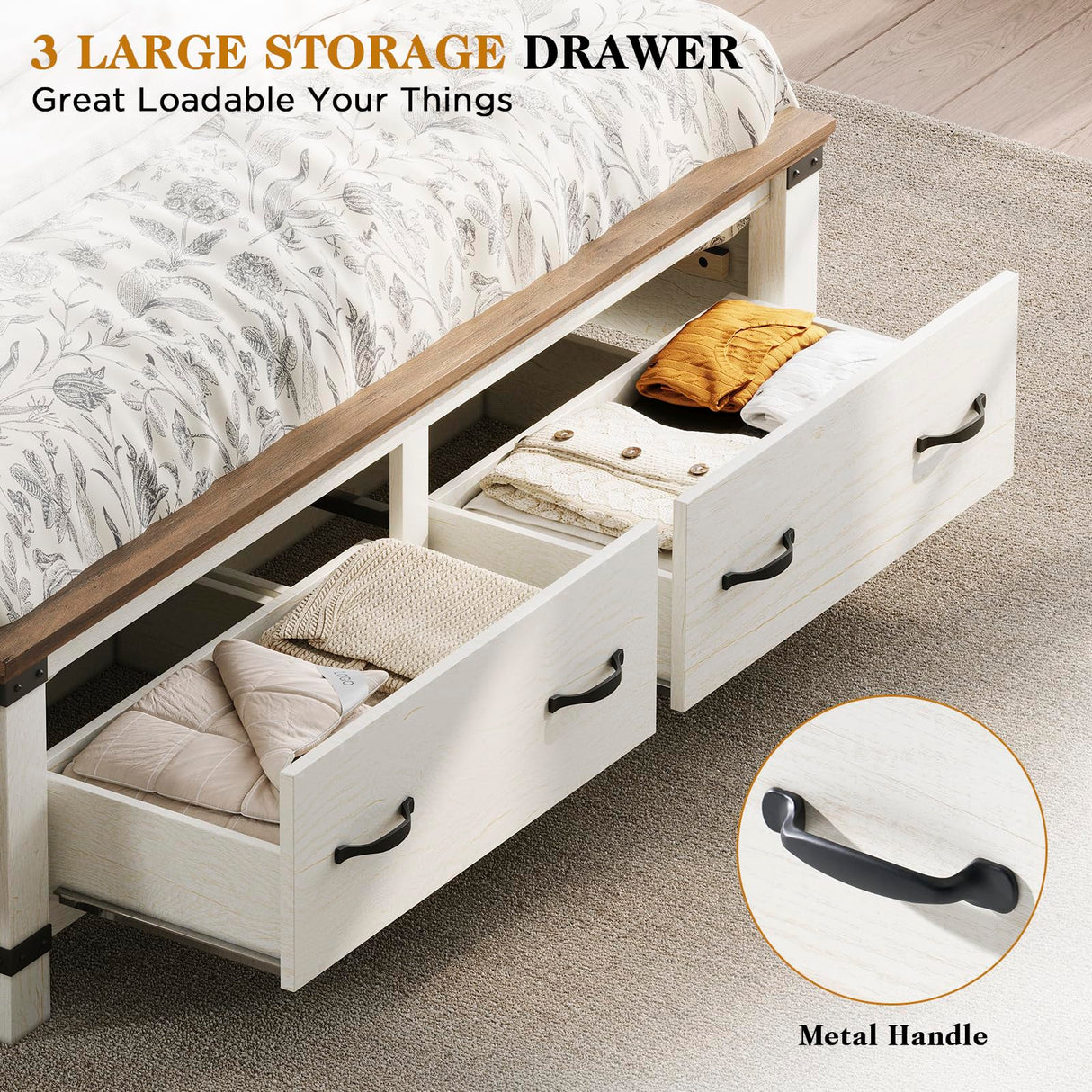 YUMPIE Farmhouse Full Size Bed Frame, 54 inch Tall Headboard with Wood Bed,Storage Platform Bed with 2 Large Storage Drawers, No Box Spring Needed, White YUMPIE