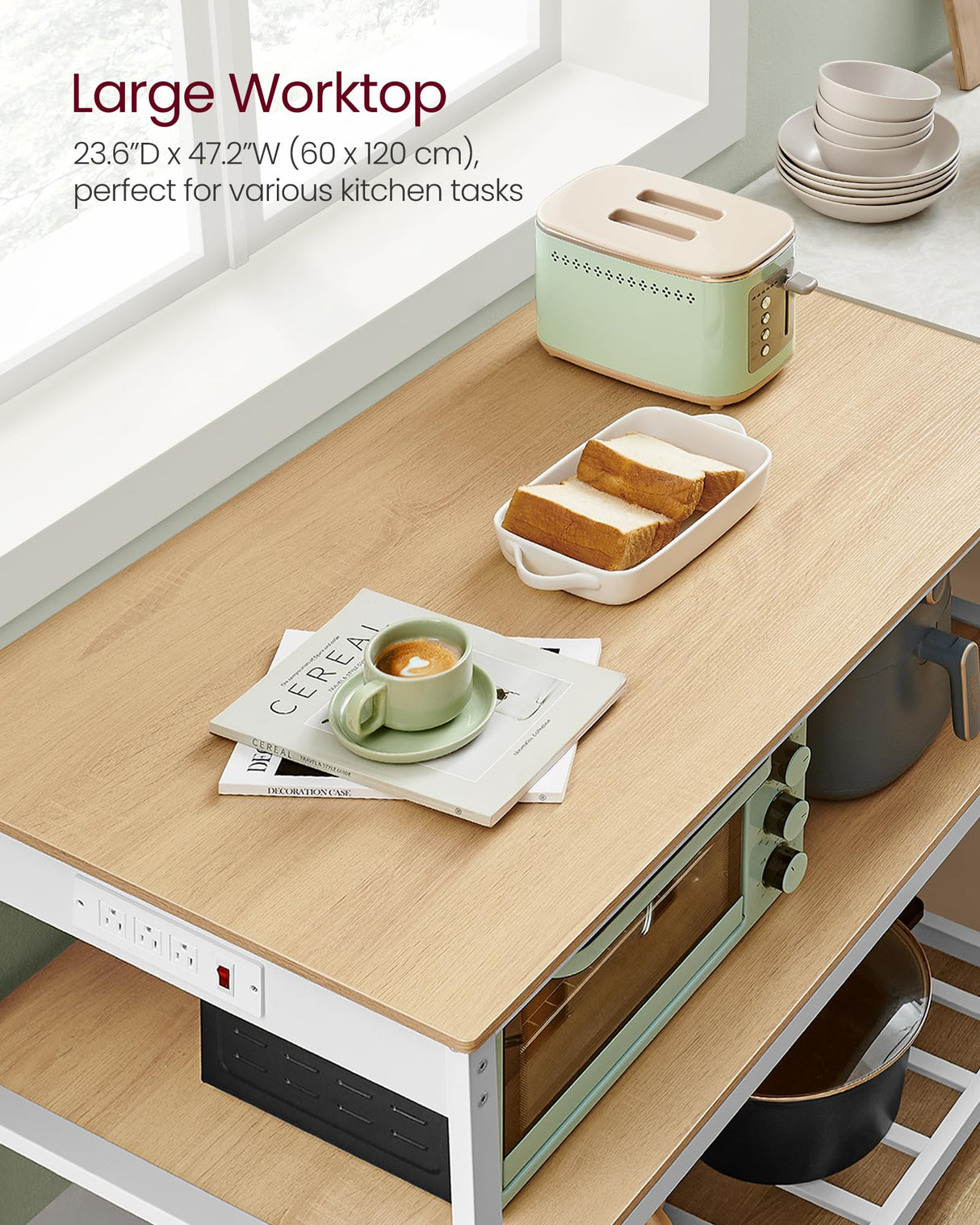 VASAGLE Kitchen Island with 3 Shelves, 47.2 Inches Width Kitchen Shelf with Power Strip, Large Worktop, Stable Steel Structure, Industrial, Easy to Assemble, Golden Oak and White UKKI101Y01 VASAGLE