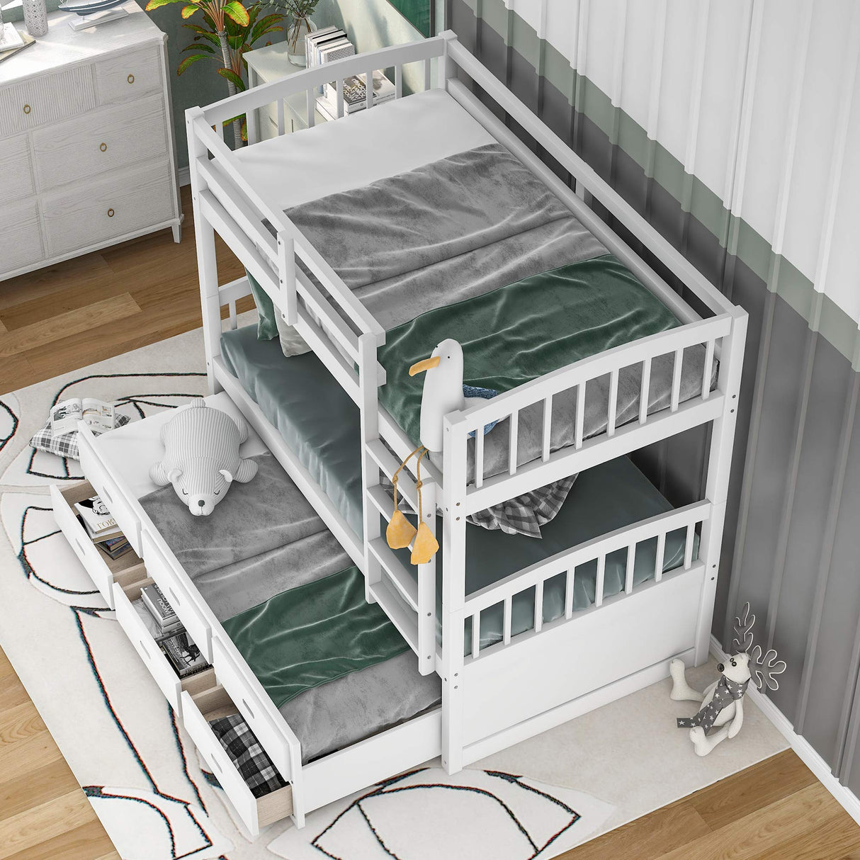 Harper & Bright Designs Twin Over Twin Bunk Bed with Storage Drawers, Solid Wood Bunk Bed Frame with Trundle, for Kids, Teens, Adults (White) Harper & Bright Designs