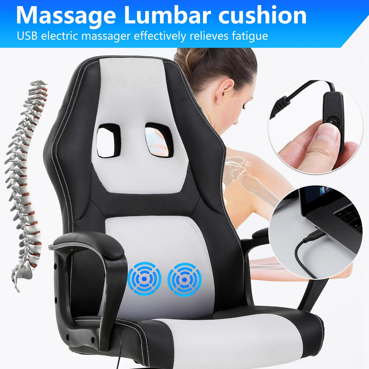 PayLessHere Gaming Chair Office Chair Support Adjustable Ergonomic Pu Leather Racing Lumbar Massage Chair Headrest Armrest Task 360° Swivel Ergonomic Computer Chair for Women Men Adults,White PayLessHere