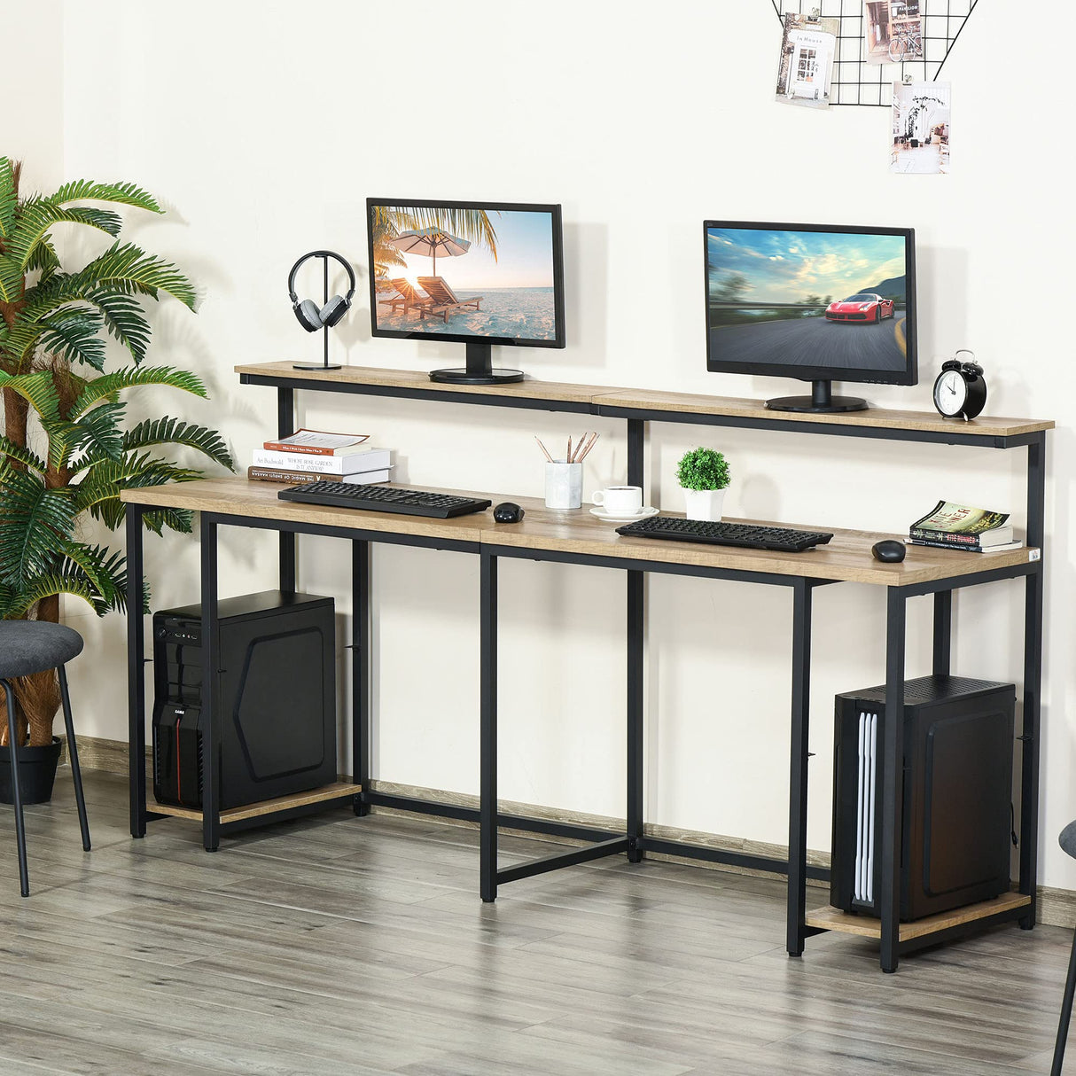 HOMCOM 78.75 Inches Double Computer Desk for Two Person, Extra Long Home Office Desk with Monitor Shelf and CPU Stand, Brown HOMCOM
