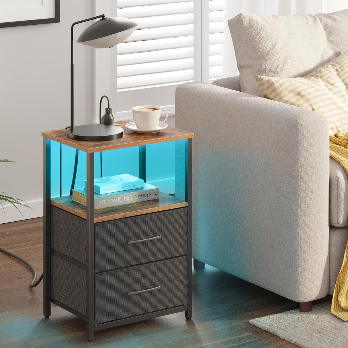 TUTOTAK LED End Table with Charging Station, Nightstand with Cloth Drawer, Side Table with 1 USB Port and 1 Type-C Port, Set of 2, Couch Table, Brown and Black TB01BB052KL TUTOTAK