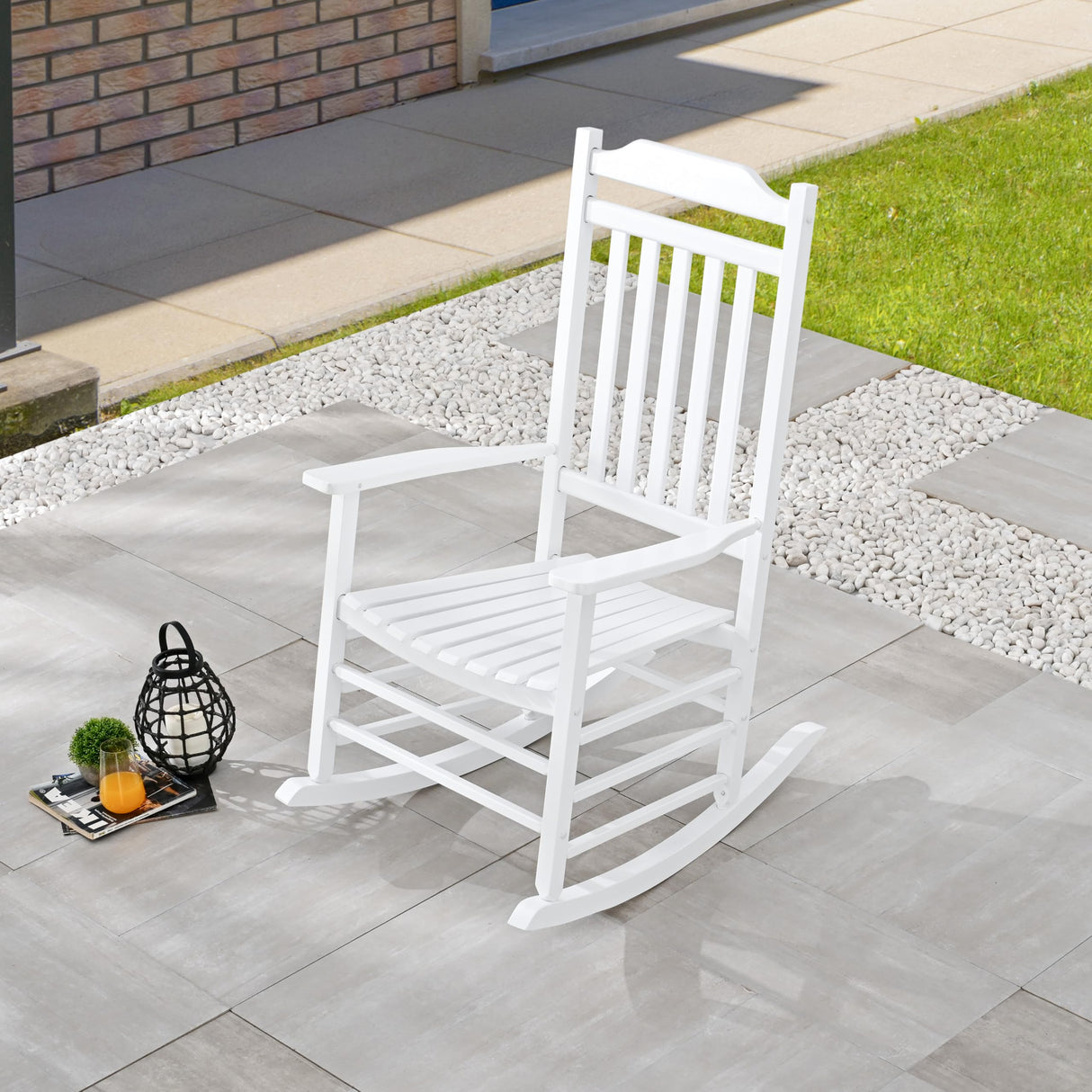 LOKATSE HOME Outdoor Wooden Rocking Chair with 300lbs Support High Back Smooth for Backyard, Lawn, Garden and Deck, White LOKATSE HOME