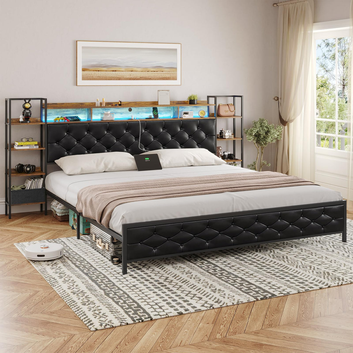 DICTAC King Size Metal Bed Frame with Smart Charging Headboard, Storage Shelves, and LED Lighting DICTAC