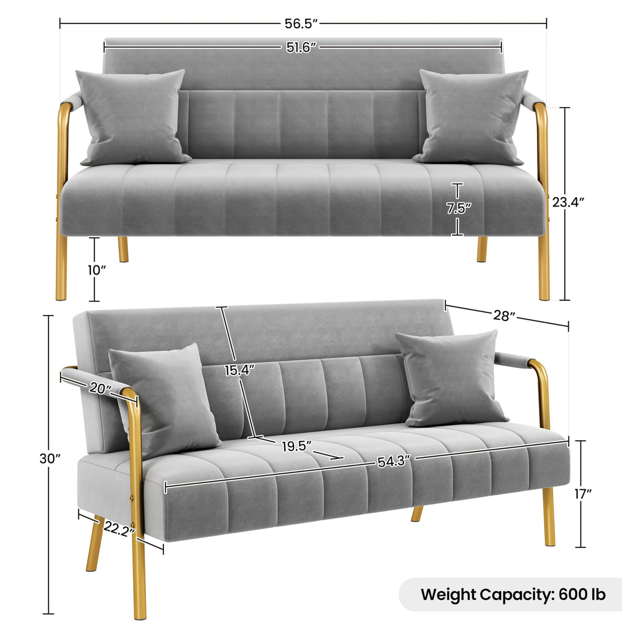 Yaheetech 56.5" W Modern Loveseat 2 Seater Sofa Luxurious Velvet Fabric Couch with Gold-Tone Metal Arms and Legs for Living Room, Home Office, Studio Light Gray Yaheetech