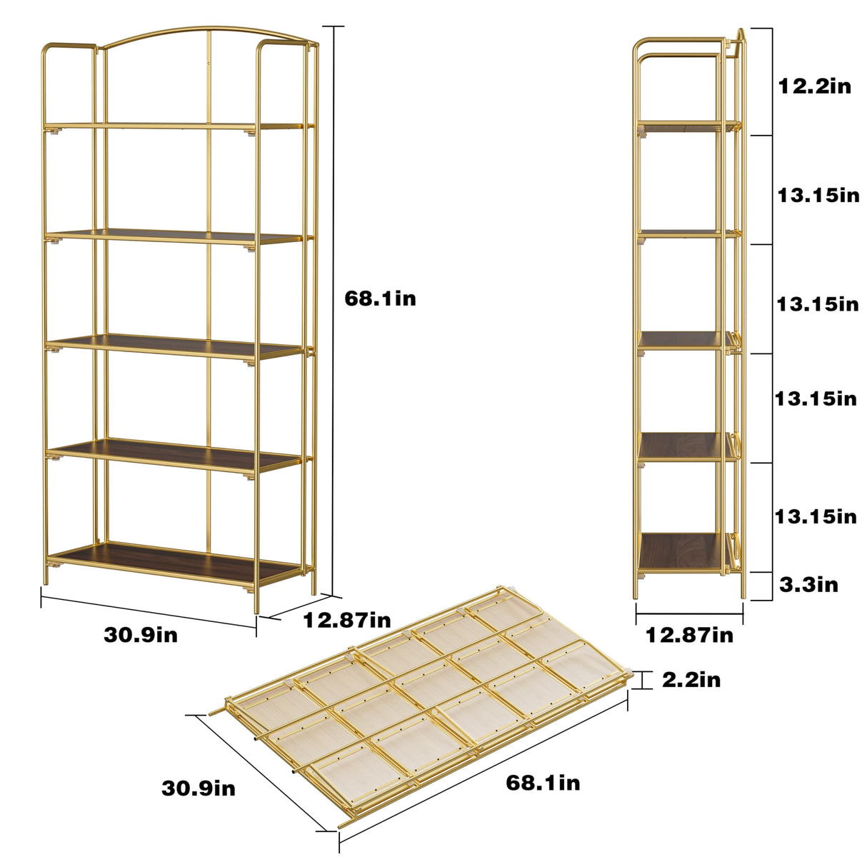Crofy No Assembly Folding Bookshelf for Living Room, 5 Tier Gold Collapsible Book Shelf for Home Office, Portable Bookcase Storage Organizer Crofy