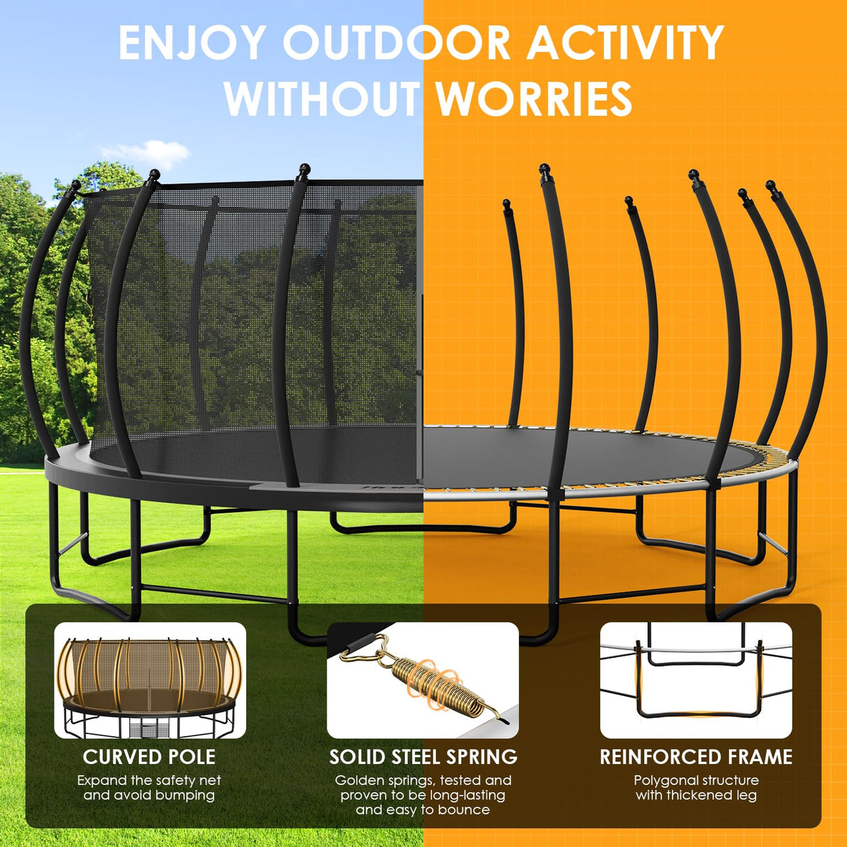 Hocozlly Outdoor Trampoline 16FT for Kids, ASTM Approval Recreational Trampoline with Enclosure, Reinforced Trampolines with Thickened Pole & Non-Slip Wider Ladder (Grey) Hocozlly