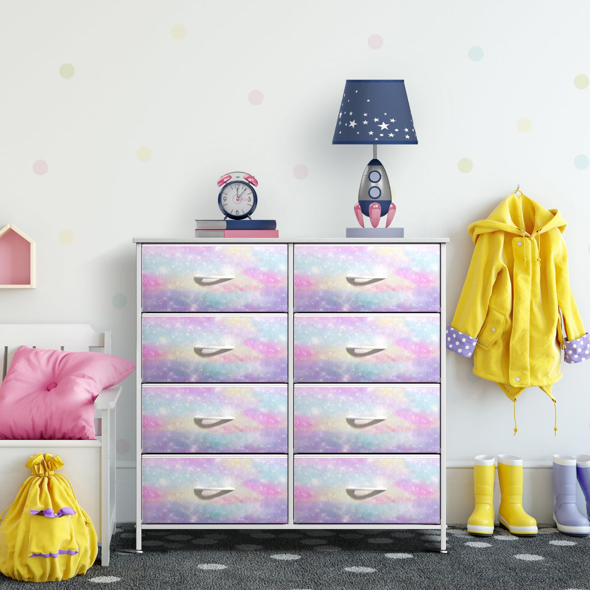 Sorbus Kids Dresser with 8 Drawers - Storage Chest Organizer Unit Nightstand - Steel Frame, Wood Top, Tie-Dye Fabric Bins for Clothes - Wide Furniture for Bedroom, Hallway, Nursery, Closet, Apartment Sorbus