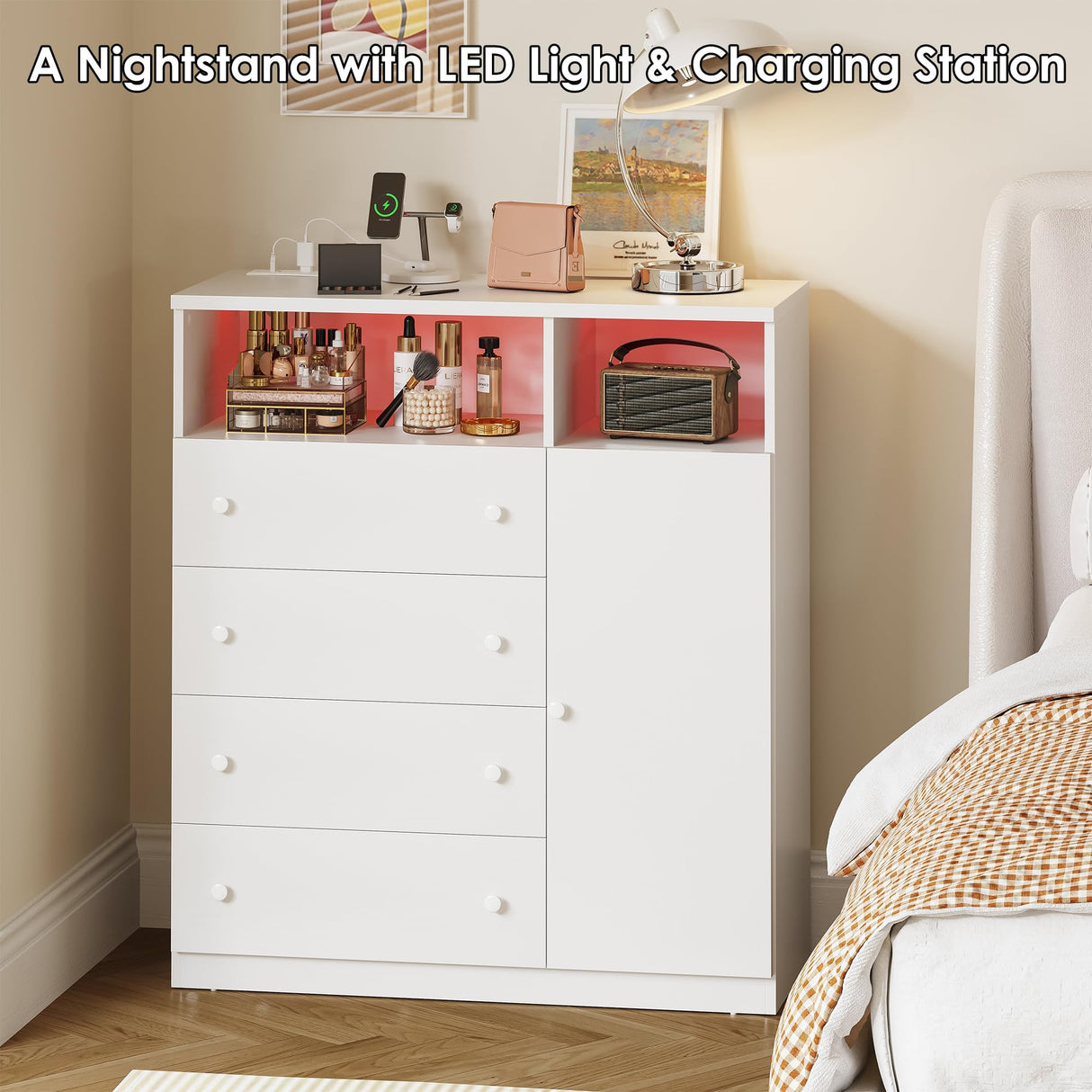 OTUTUMUS 4 Drawer Dresser for Bedroom with Charging Station & LED Light, Wood Tall Dresser with Storage Cabinet, Chest of Drawers with Open Compartments for Living Room, Closet, Hallway (White) OTUTUMUS