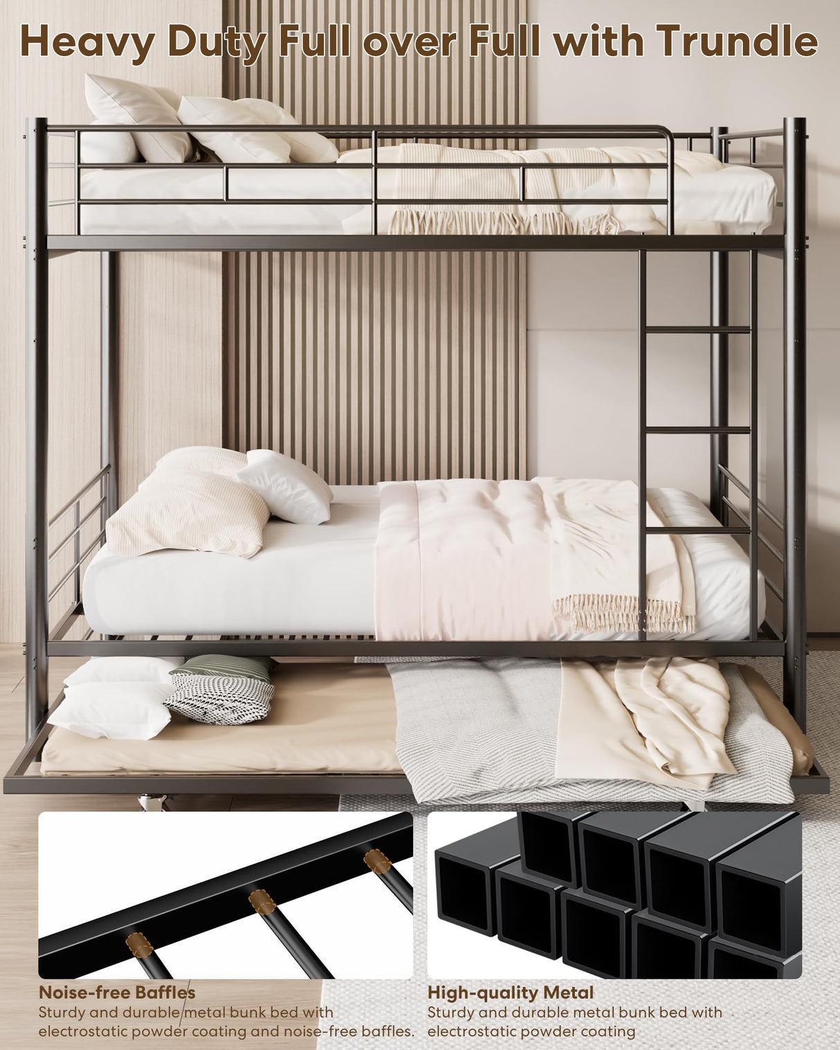 Feetice Full Over Full Bunk Bed with Trundle, Heavy Duty Metal Bed Frame with Full-Length Guardrails & Ladder, 3-in-1 Convertible Full Bunk Bed, Noise-Free, No Box Spring Needed, Black Feetice