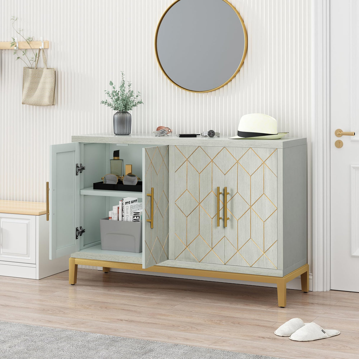 ARTPOWER Accent Cabinet with 4 Doors, Modern Credenza Storage Cabinet, Carved Decorative Sideboard Buffet Cabinet for Living Room, Kitchen, Office, and Hallway, Green ARTPOWER