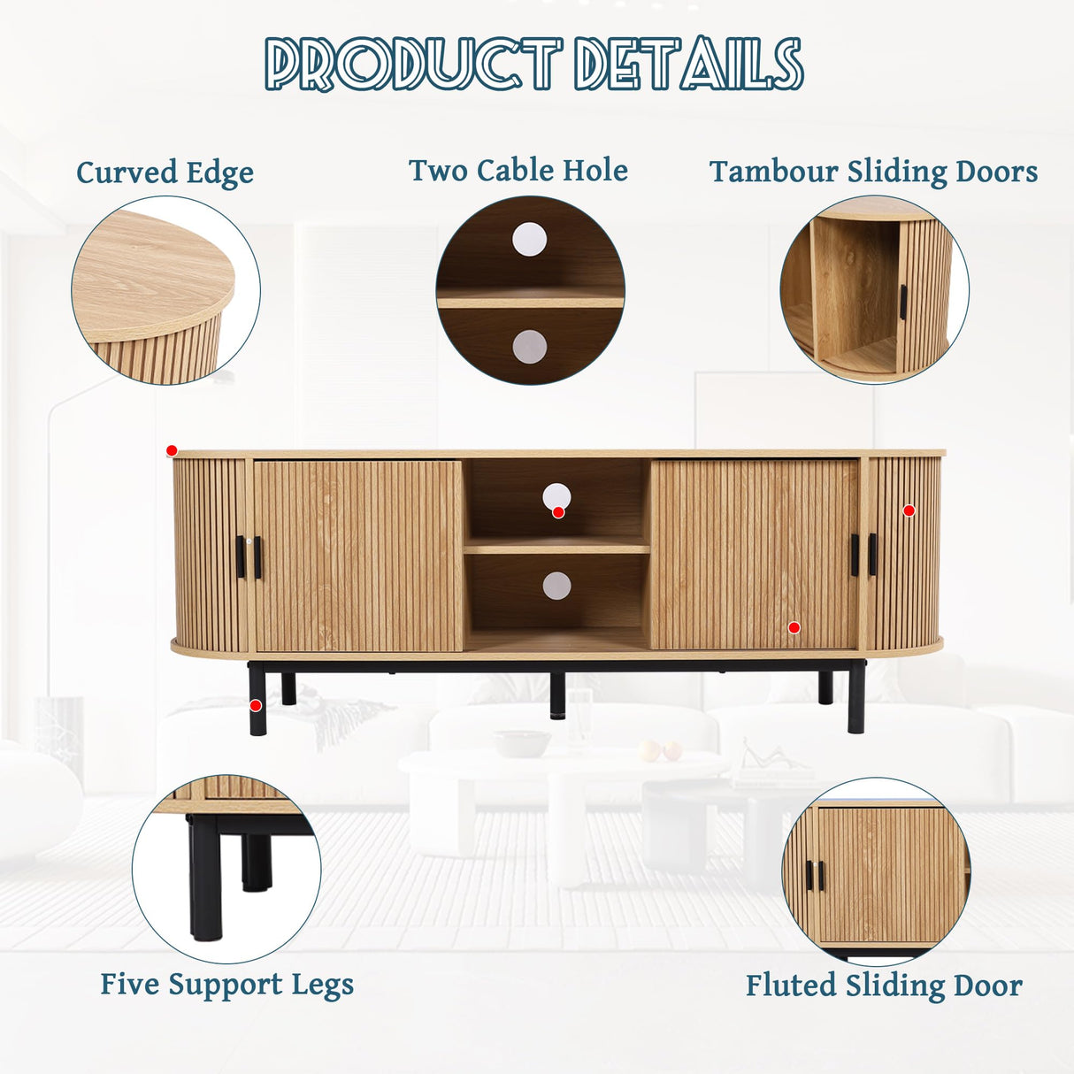 FurSch 62" Tambour Door TV Stand,Wood Mid Century Modern TV Cabinet for Up to 65“ TV,Curved Edge Long TV Stand with Storage for Bedroom Living Room (Natural, 62.2inch) FurSch